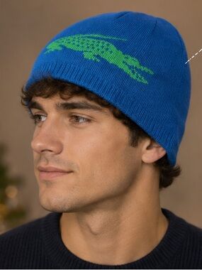 Lacoste Reversible Blue Beanie with Green Crocodile Graphic